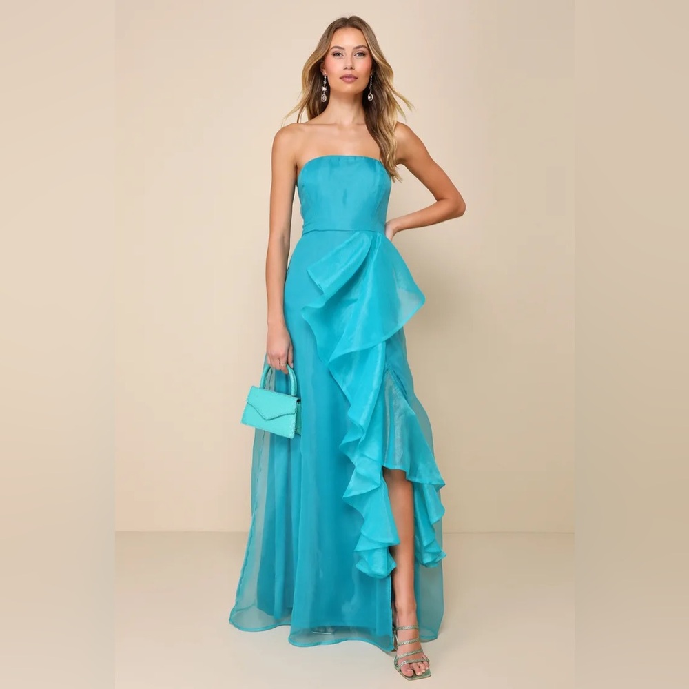 Lulu’s Exquisite Ease Teal Green Organza Strapless Ruffled Maxi Dress Size Sm